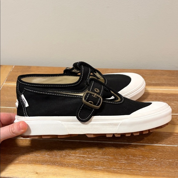 Vans Mary Jane Black and White Buckle Sneaker Flats with Gum Sole - Picture 6 of 7